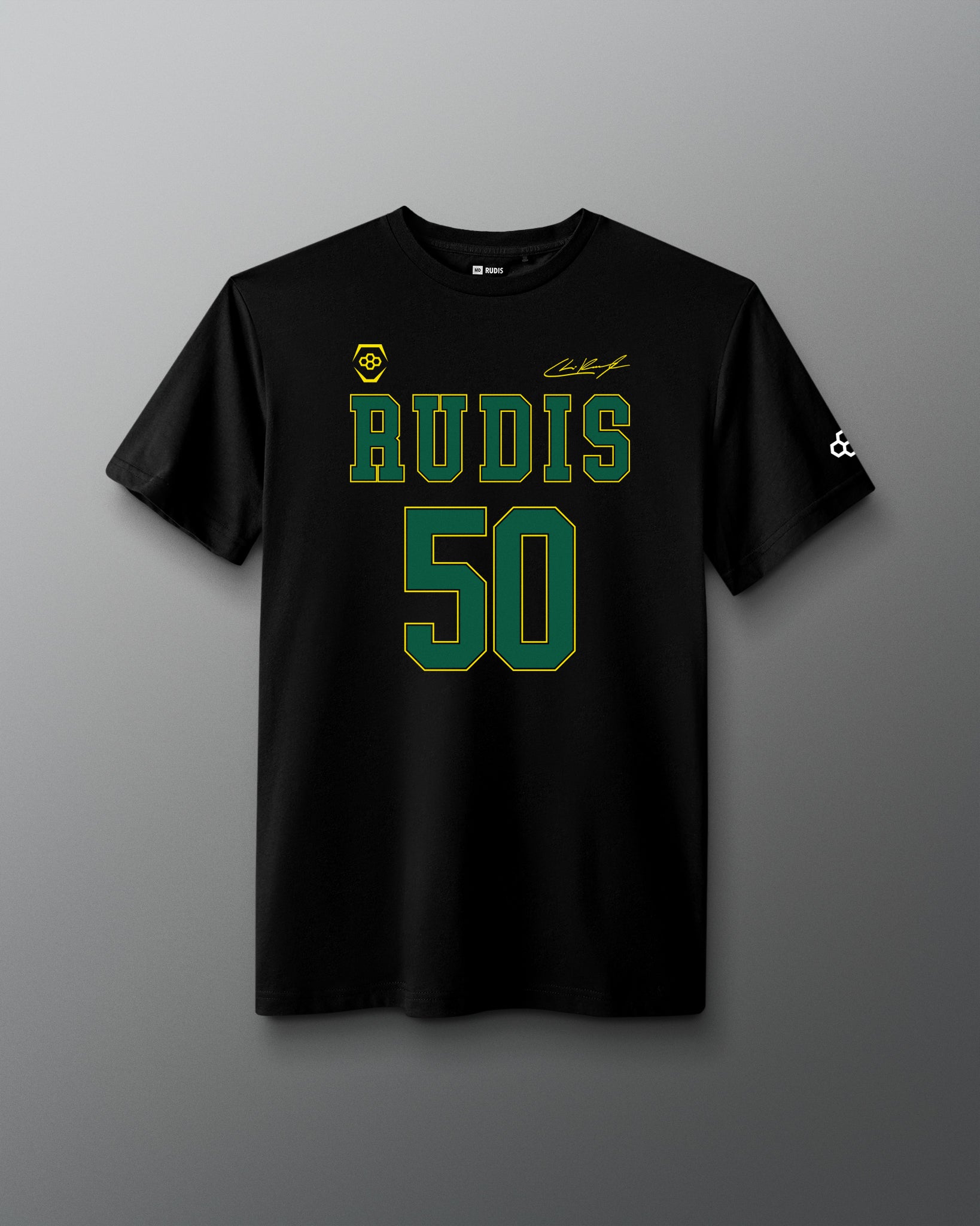 Front view of the black RUDIS C. Kavanagh Jersey Supersoft T-Shirt featuring green RUDIS 50 graphics, signature detail and RUDIS sleeve logo.