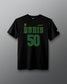 Front view of the black RUDIS C. Kavanagh Jersey Supersoft T-Shirt featuring green RUDIS 50 graphics, signature detail and RUDIS sleeve logo.