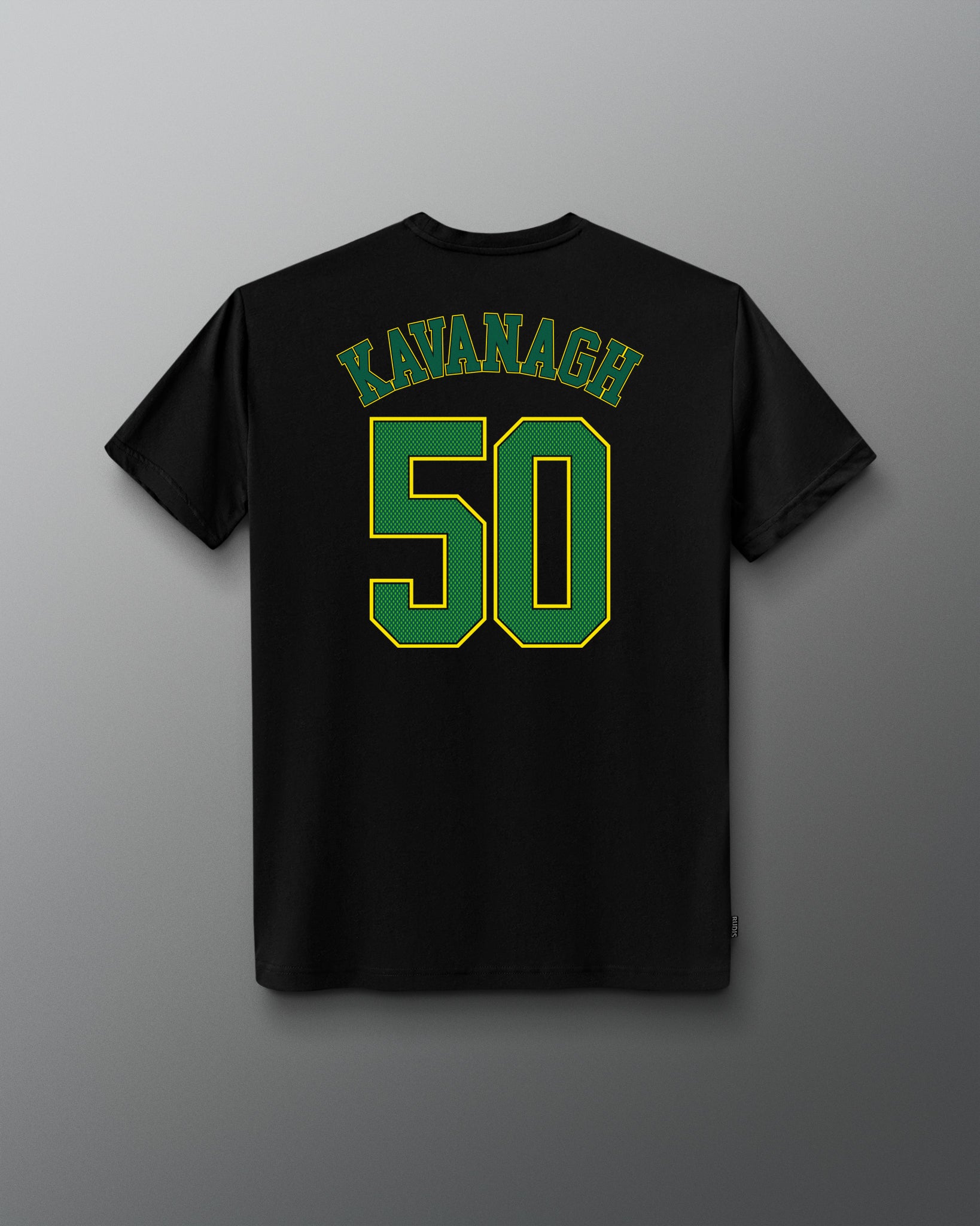 Back view of the black RUDIS C. Kavanagh Jersey Supersoft T-Shirt featuring green KAVANAGH lettering and a large number 50 graphic.