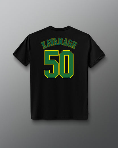 Back view of the black RUDIS C. Kavanagh Jersey Supersoft T-Shirt featuring green KAVANAGH lettering and a large number 50 graphic.