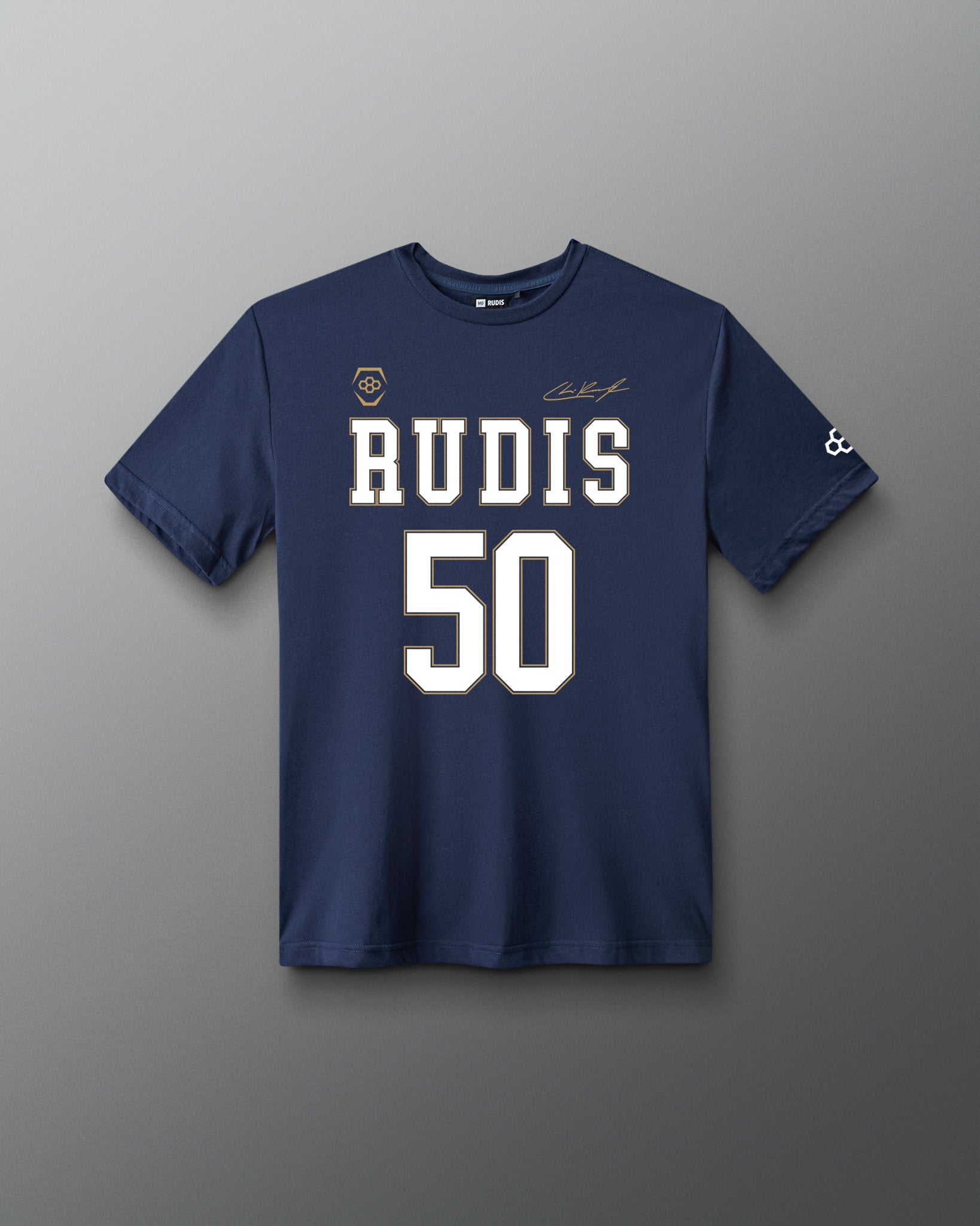 Front view of the navy RUDIS C. Kavanagh Jersey Supersoft T-Shirt featuring RUDIS 50 graphics, signature detail and RUDIS sleeve logo.