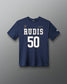 Front view of the navy RUDIS C. Kavanagh Jersey Supersoft T-Shirt featuring RUDIS 50 graphics, signature detail and RUDIS sleeve logo.