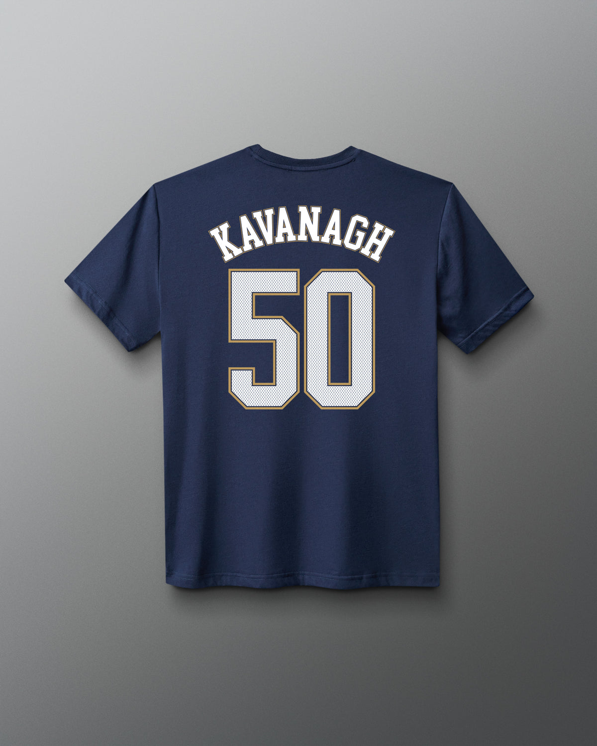 A navy blue short-sleeve t-shirt shown from the back, featuring the name 'KAVANAGH' and number '50' printed in white with a thin gold outline.