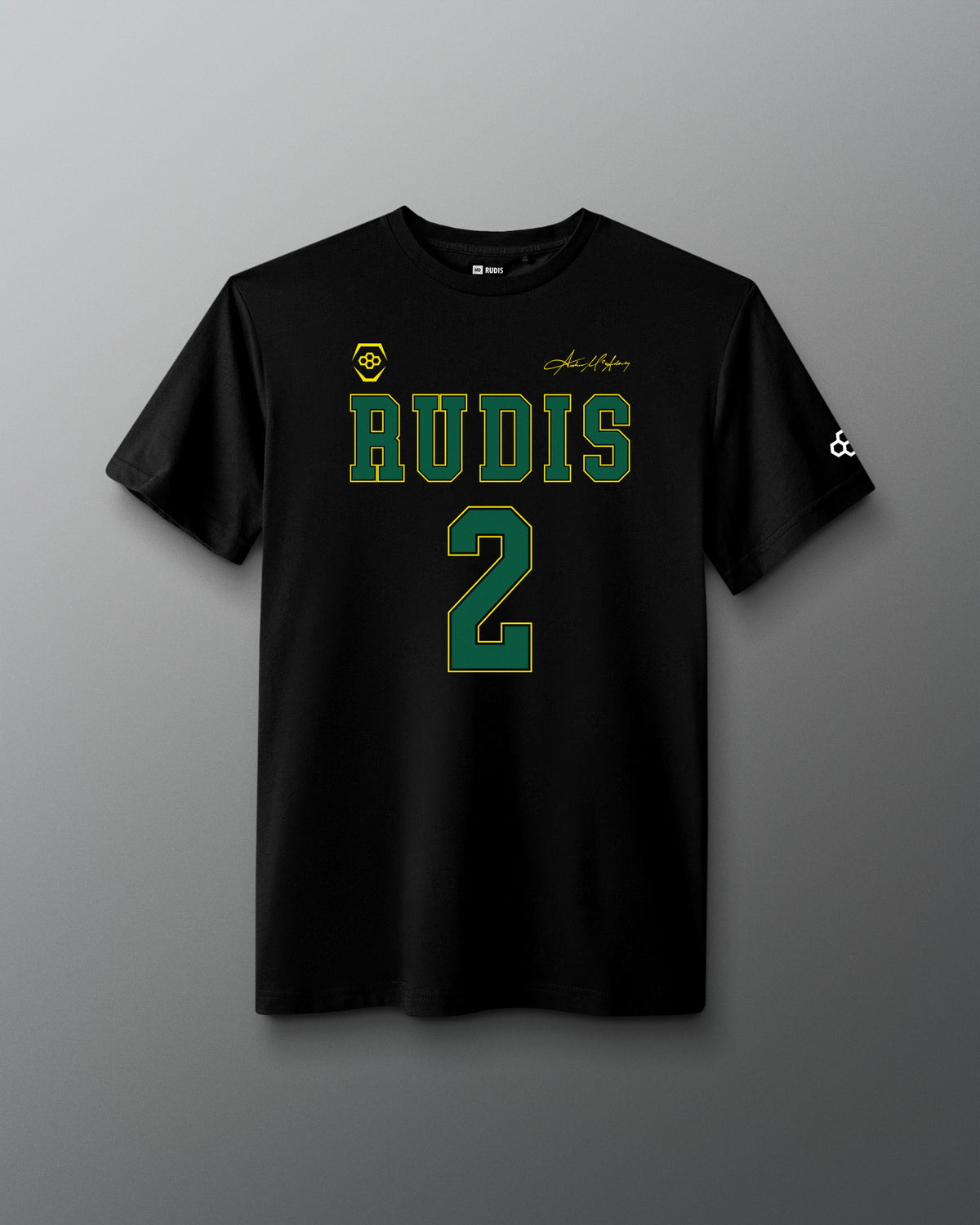 Front view of the black RUDIS McAdorey Jersey Supersoft T-Shirt featuring green RUDIS graphics, number 2, signature detail and sleeve logo.