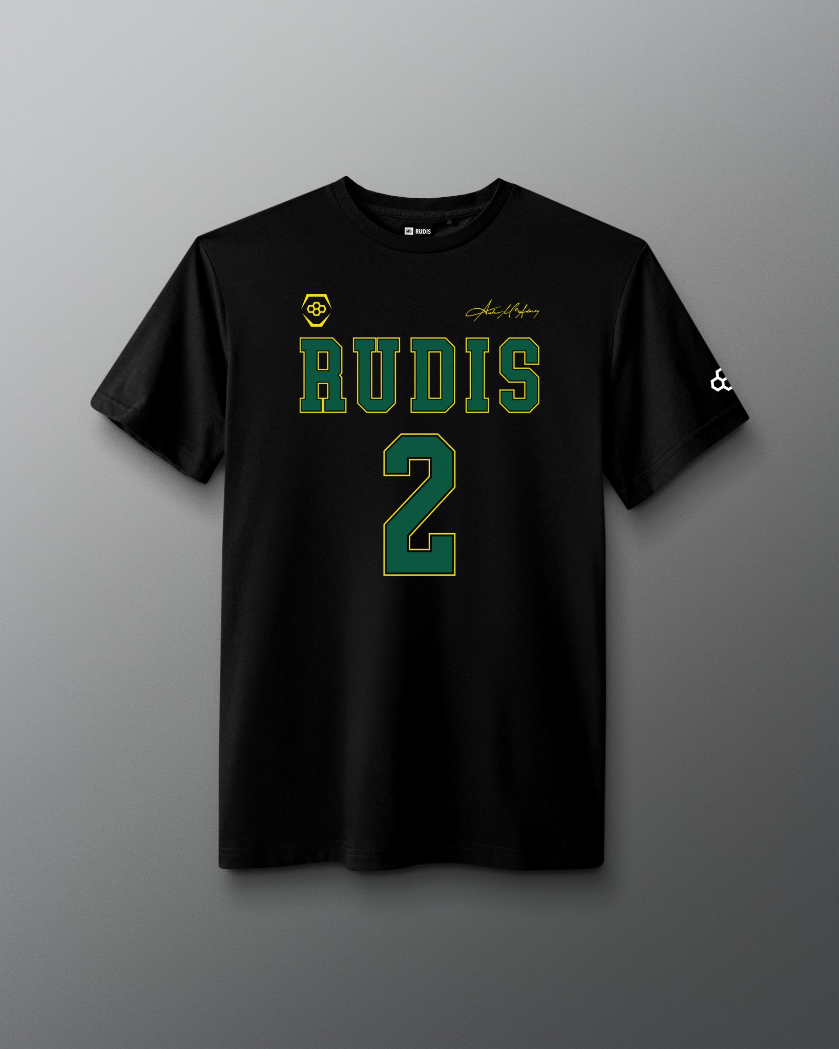 Front view of the black RUDIS McAdorey Jersey Supersoft T-Shirt featuring green RUDIS graphics, number 2, signature detail and sleeve logo.
