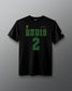 Front view of the black RUDIS McAdorey Jersey Supersoft T-Shirt featuring green RUDIS graphics, number 2, signature detail and sleeve logo.