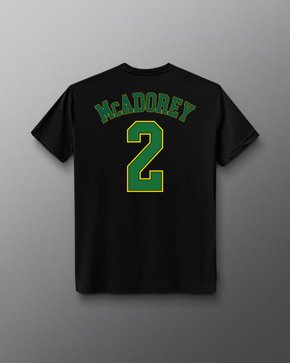 Back view of the black RUDIS McAdorey Jersey Supersoft T-Shirt featuring McADOREY lettering and a large green number 2 graphic.