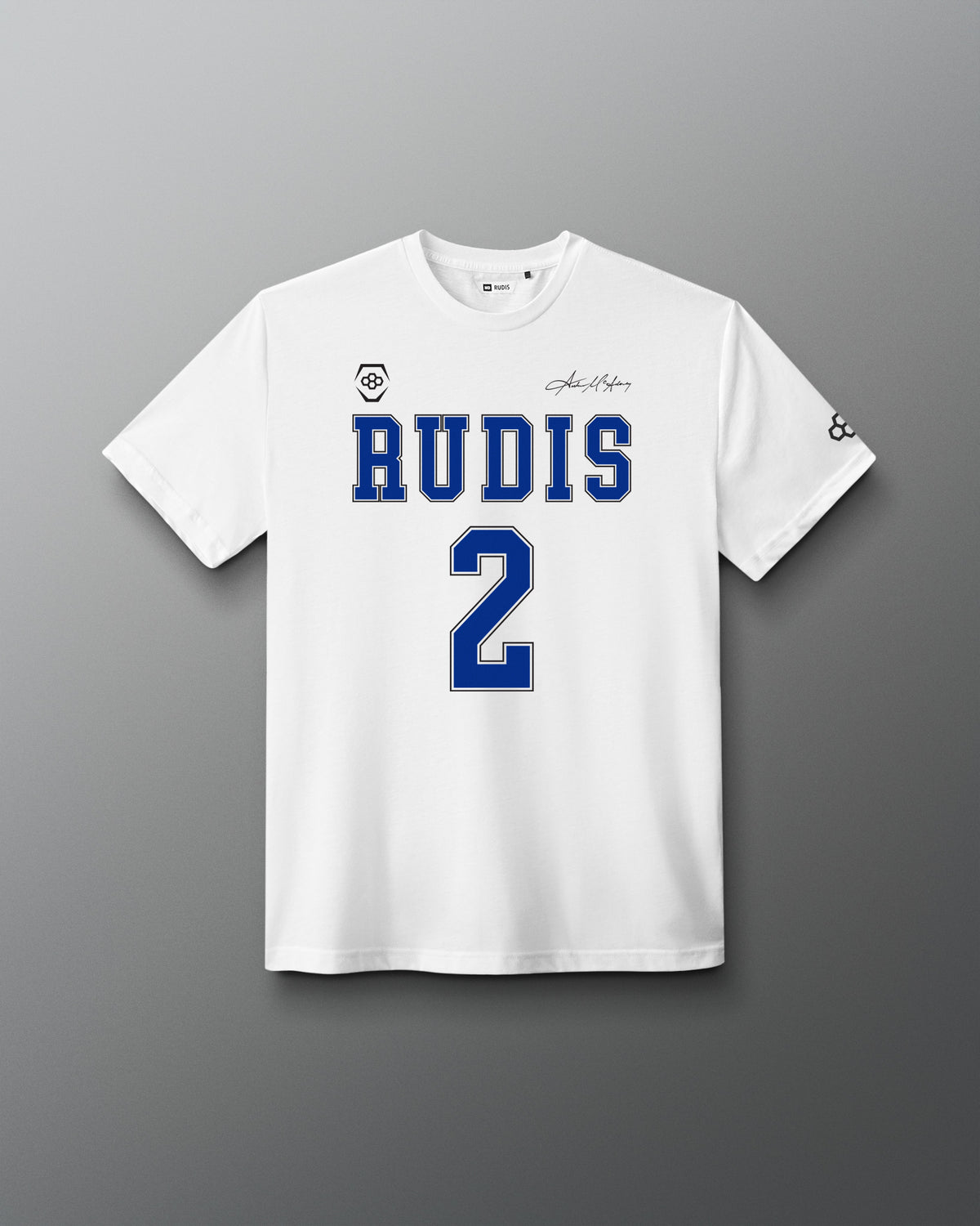 Front view of the white RUDIS McAdorey Jersey Supersoft T-Shirt featuring RUDIS graphics, number 2, signature detail and RUDIS sleeve logo.