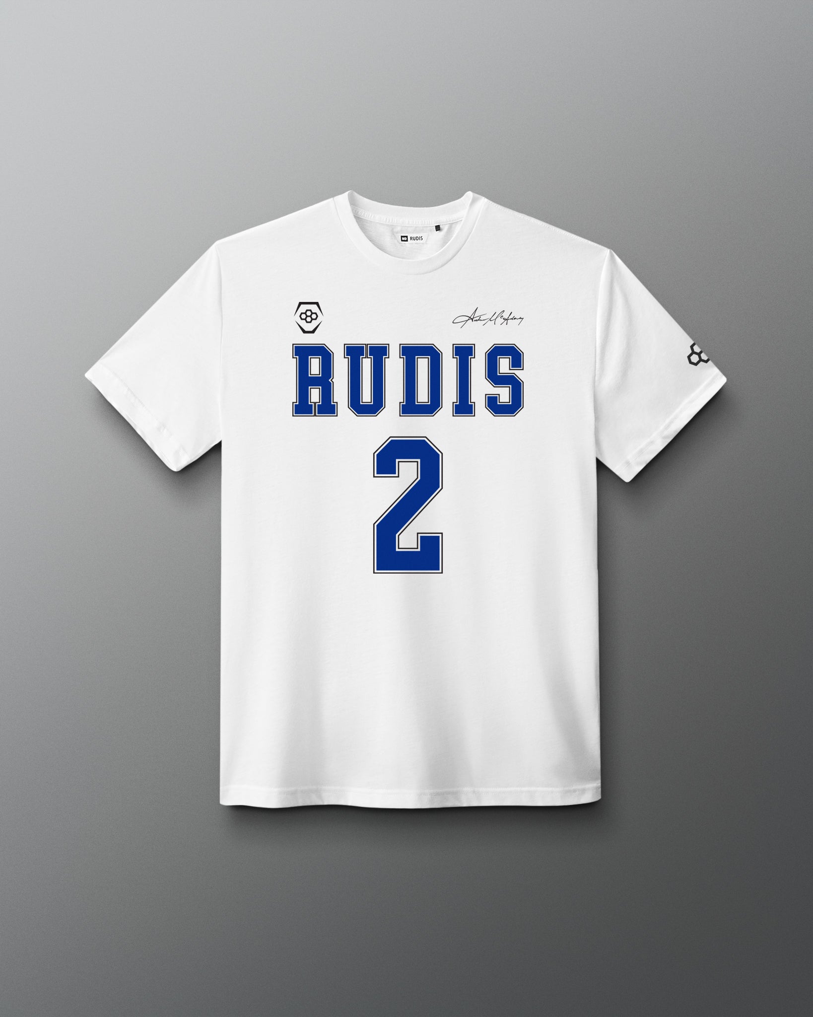 Front view of the white RUDIS McAdorey Jersey Supersoft T-Shirt featuring RUDIS graphics, number 2, signature detail and RUDIS sleeve logo.