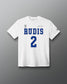 Front view of the white RUDIS McAdorey Jersey Supersoft T-Shirt featuring RUDIS graphics, number 2, signature detail and RUDIS sleeve logo.