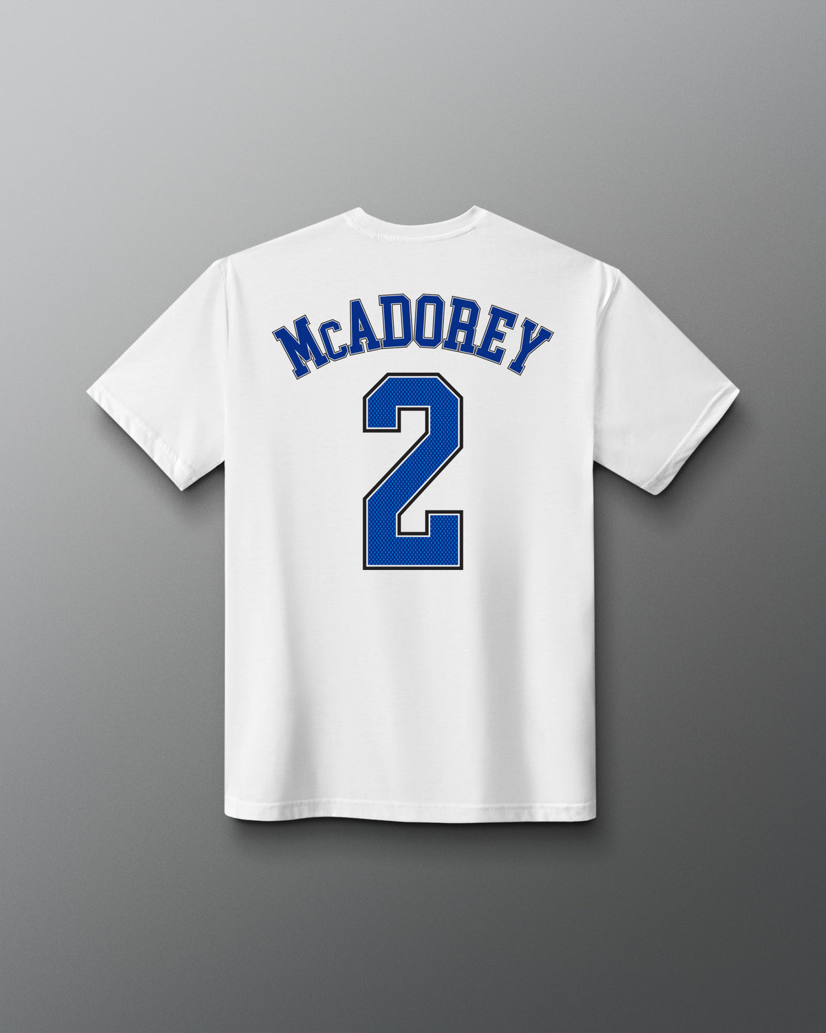 Back view of the white RUDIS McAdorey Jersey Supersoft T-Shirt featuring McADOREY lettering and a large blue number 2 graphic.