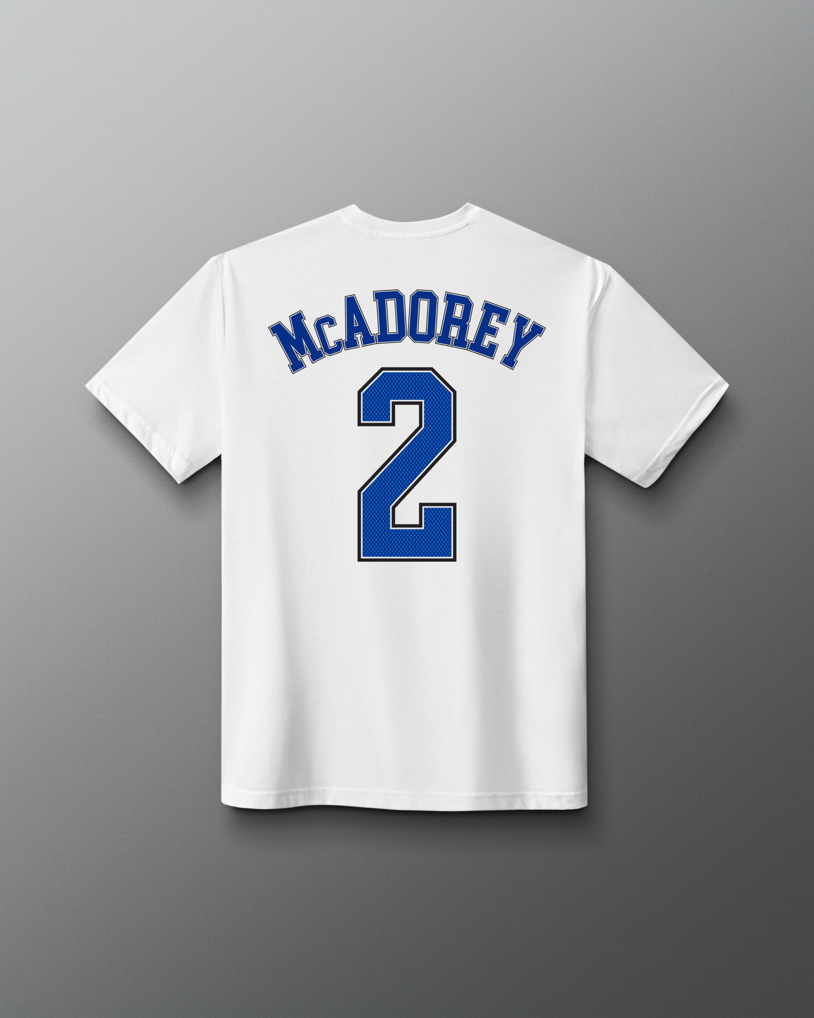 Back view of the white RUDIS McAdorey Jersey Supersoft T-Shirt featuring McADOREY lettering and a large blue number 2 graphic.