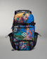 Colorful backpack with artistic design on a gray background