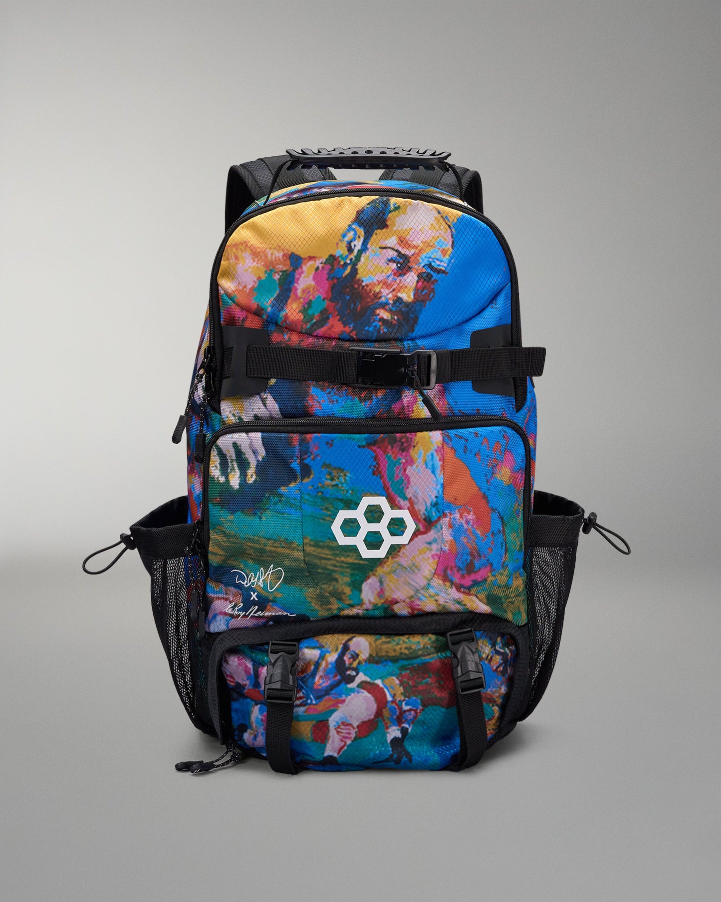 Colorful backpack with artistic design on a gray background