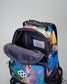 Colorful backpack with a brand logo on a gray background