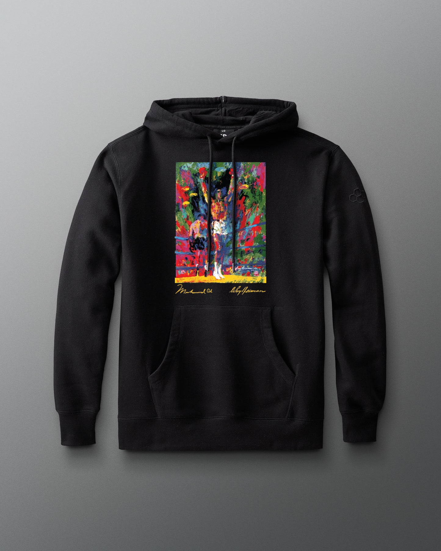 Black hoodie with a colorful graphic on a gray background