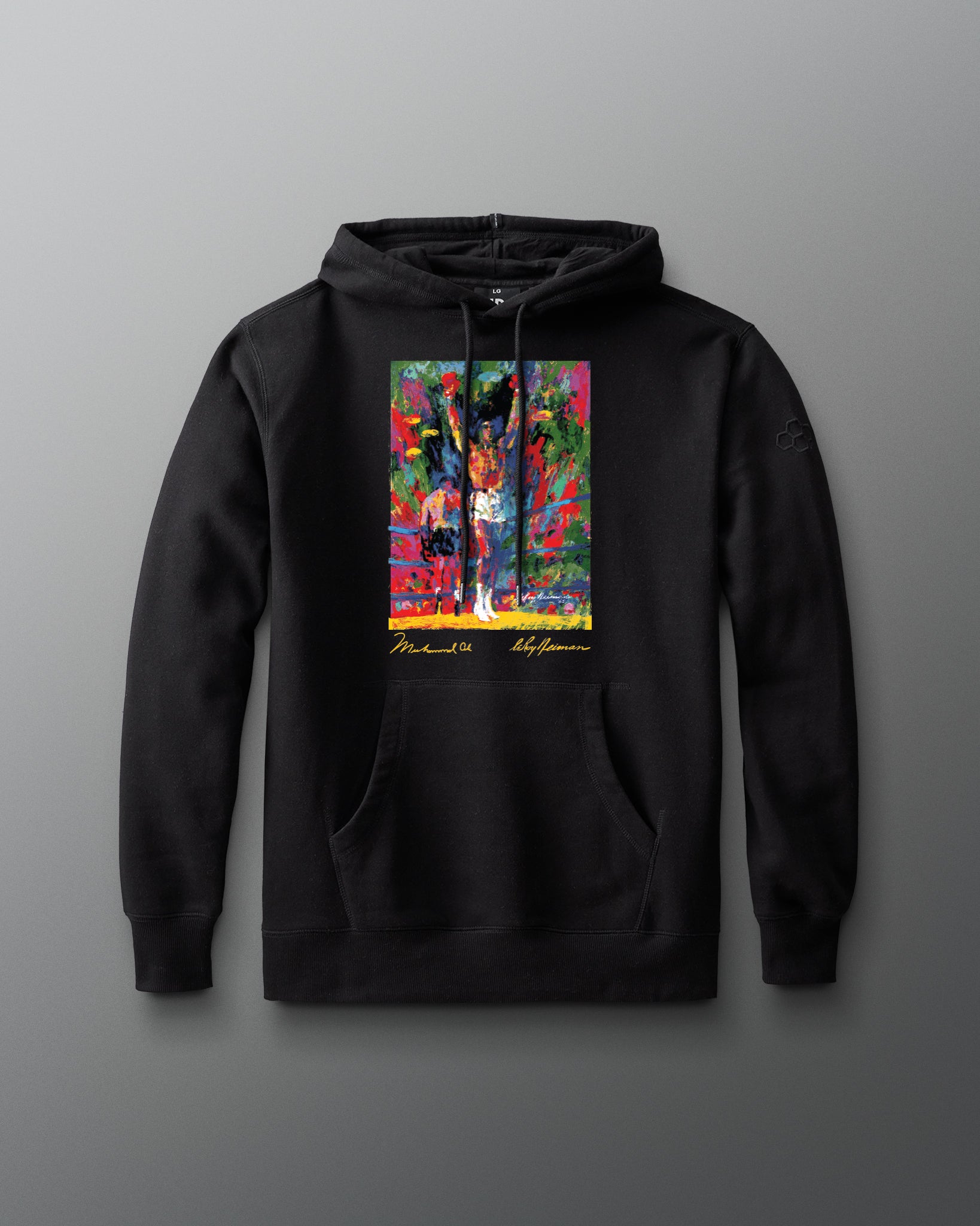Black hoodie with a colorful graphic on a gray background