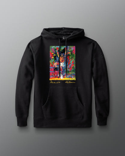 Black hoodie with a colorful graphic on a gray background