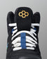 Black wrestling shoe with white laces and blue accents on a gray background