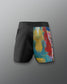 Black shorts with a colorful abstract pattern on a gray background
