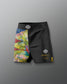 Black shorts with colorful design on the left side against a gray background