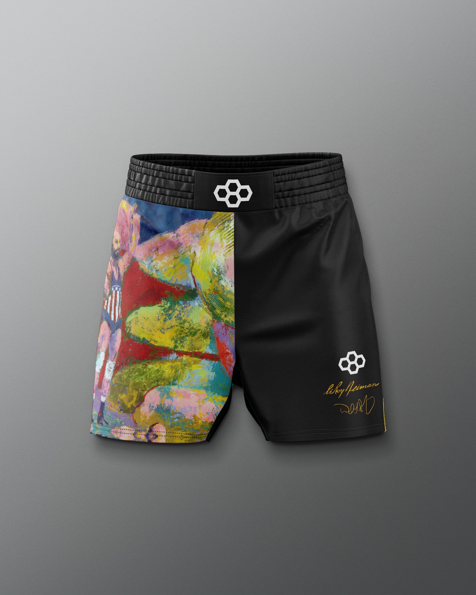 Black shorts with colorful floral design on one side and brand logo on the other, on a gray background.
