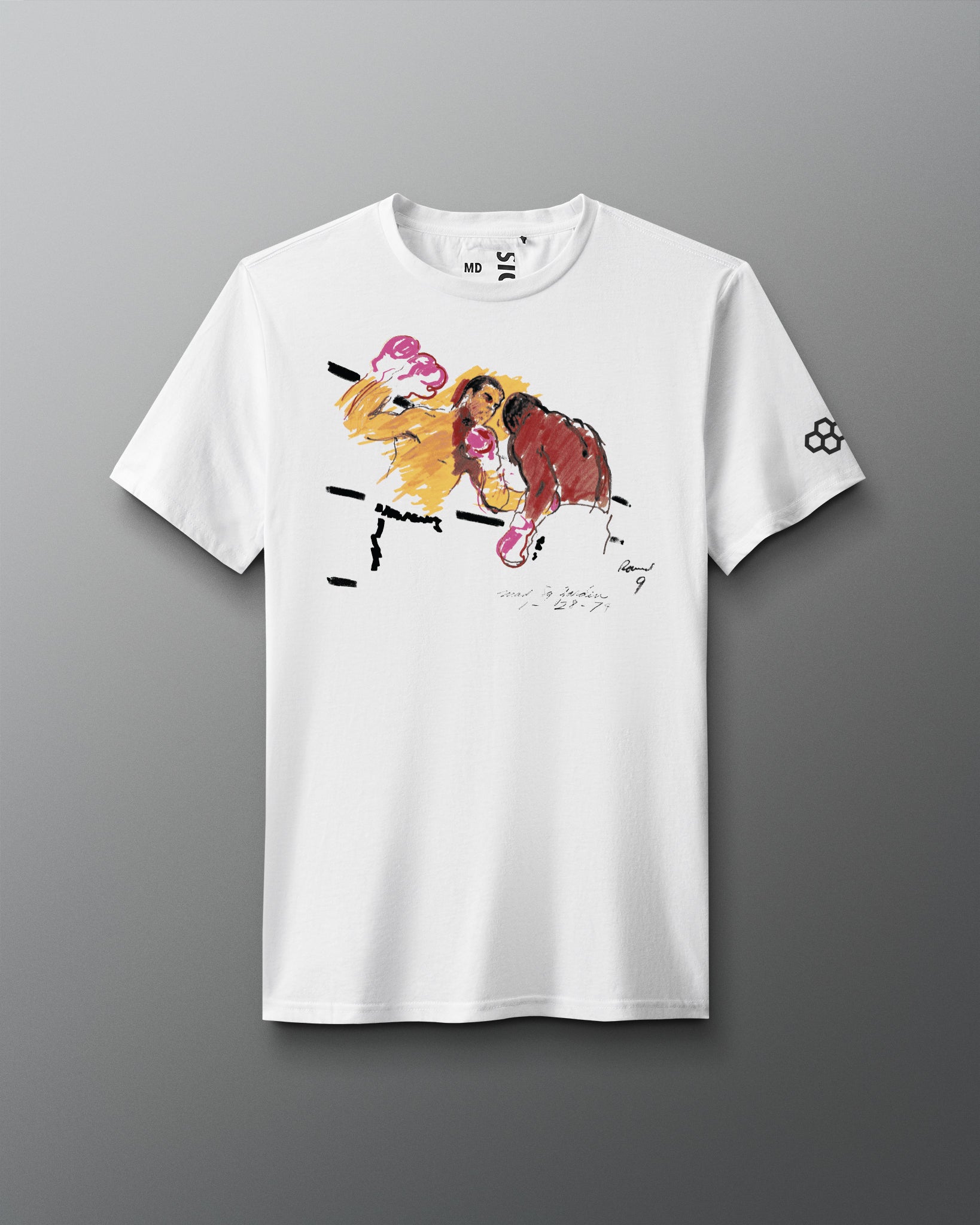 White t-shirt with a colorful graphic design on a gray background