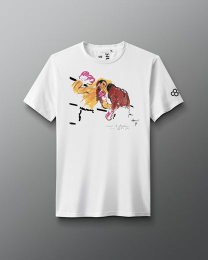 White t-shirt with a colorful graphic design on a gray background