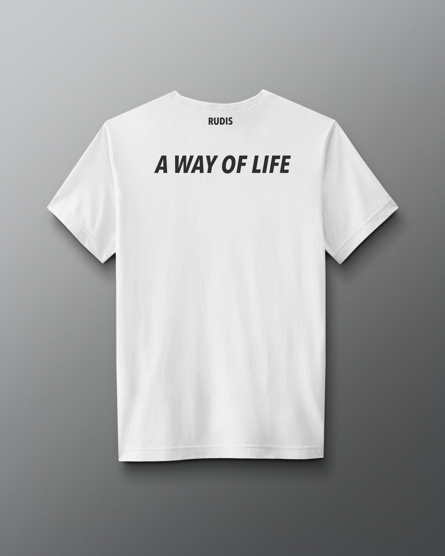 White t-shirt with text 'A Way of Life' on the back against a gray background