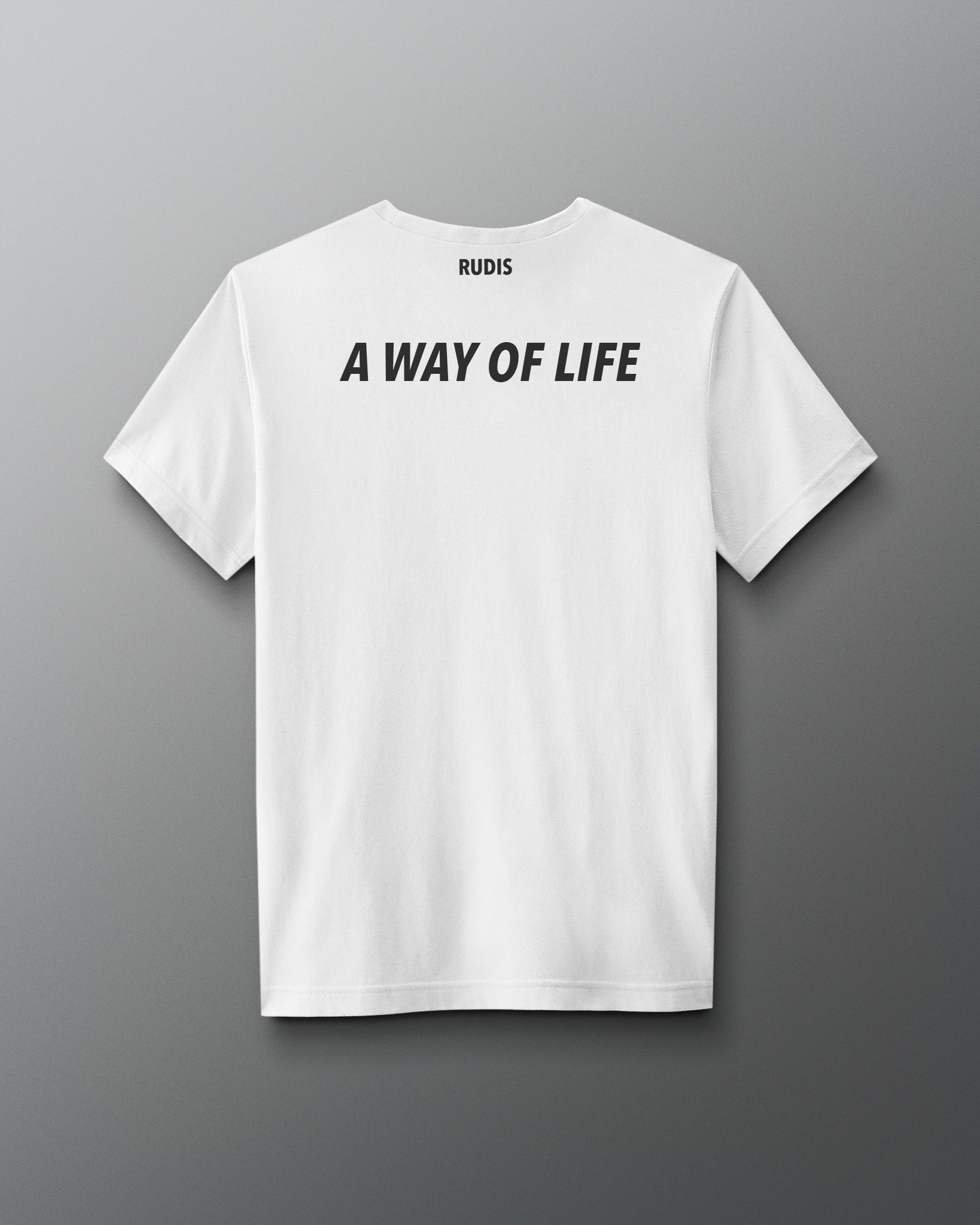 White t-shirt with text 'A Way of Life' on the back against a gray background