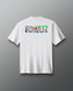 White t-shirt with colorful 'SCHULTZ' logo on the back against a gray background