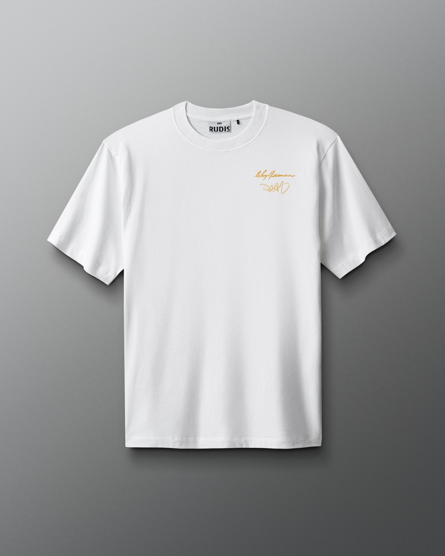 White t-shirt with yellow text on a gray background
