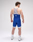 Person wearing a blue wrestling singlet with a logo on a white background