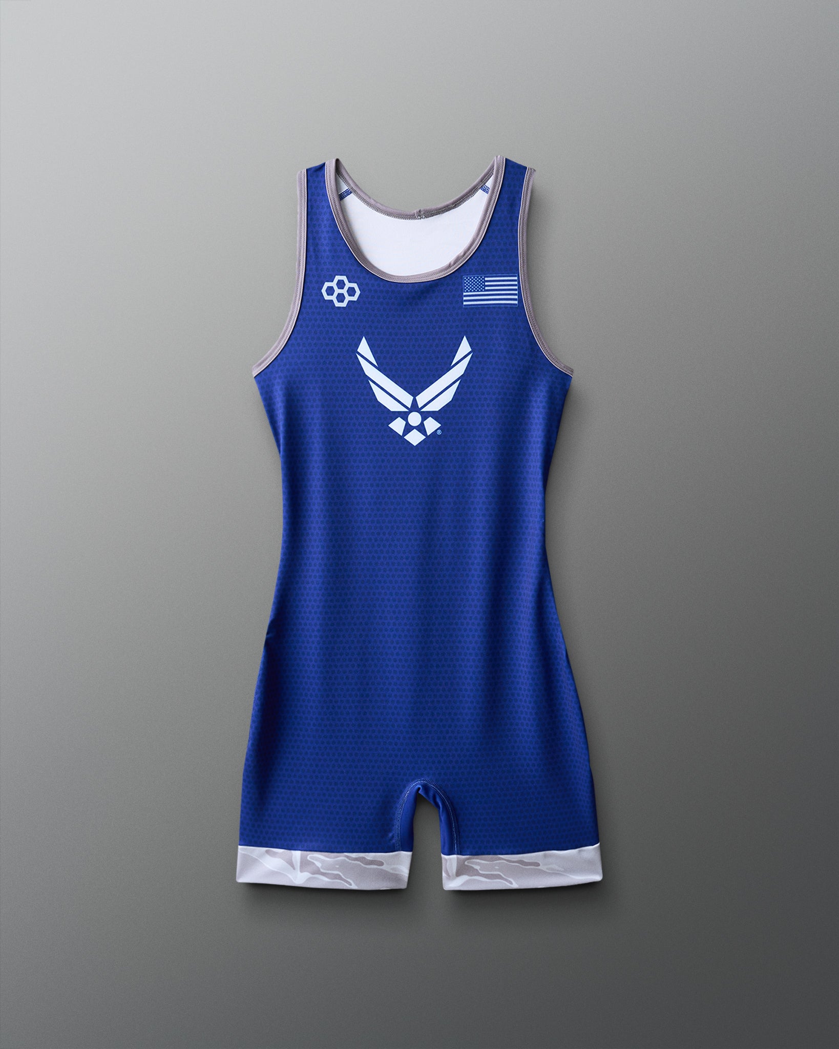 Blue athletic singlet with Air Force logo on a gray background