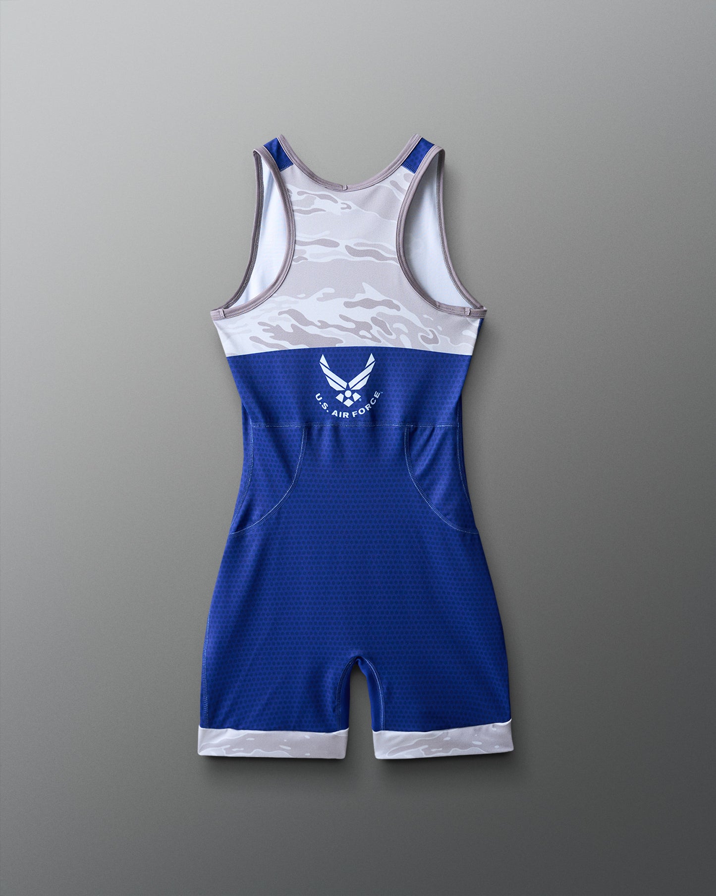 Blue and gray wrestling singlet with U.S. Air Force logo on a gray background