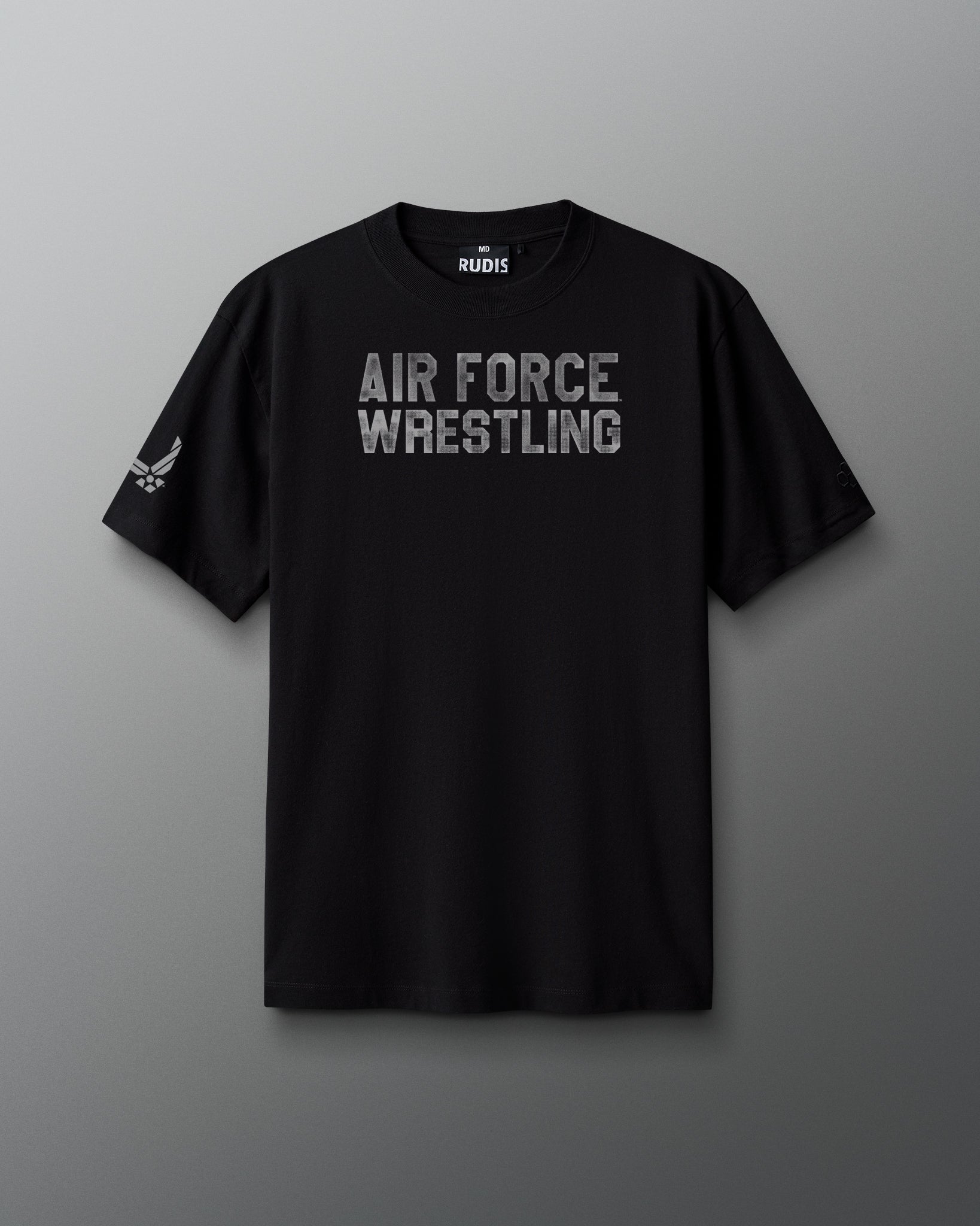 Black t-shirt with 'Air Force Wrestling' text on a gray background