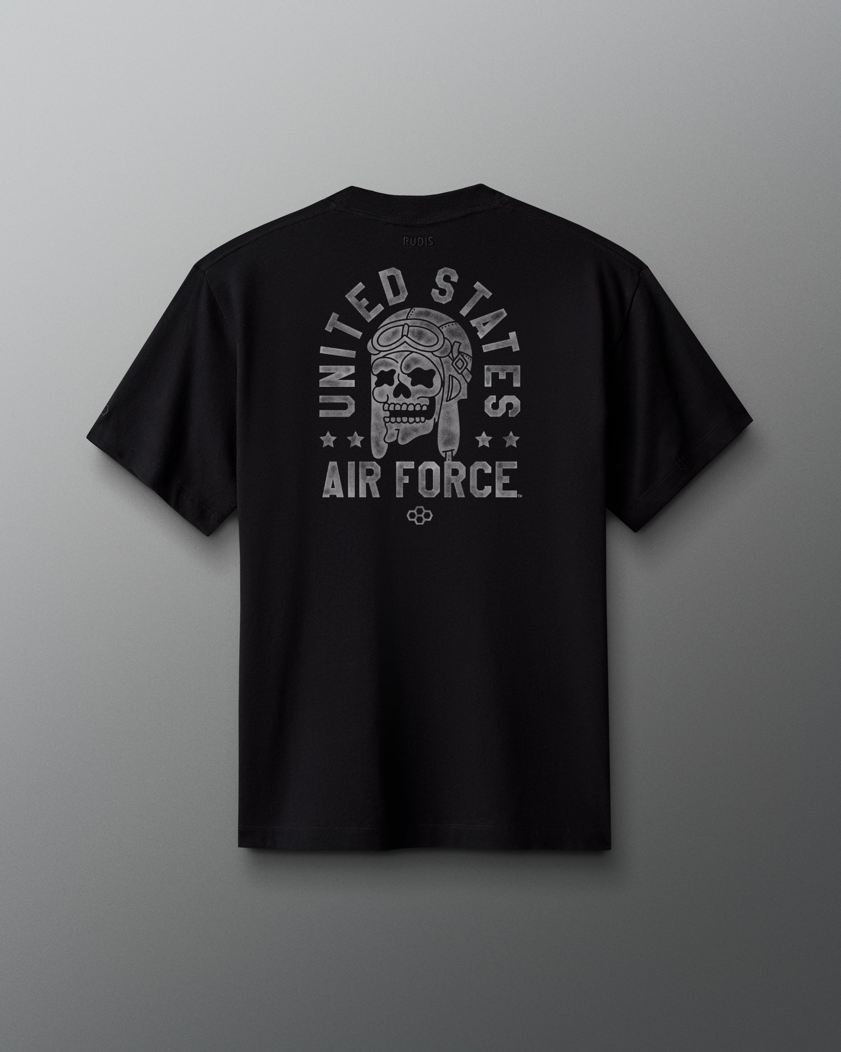 Black t-shirt with 'United States Air Force' design on a gray background