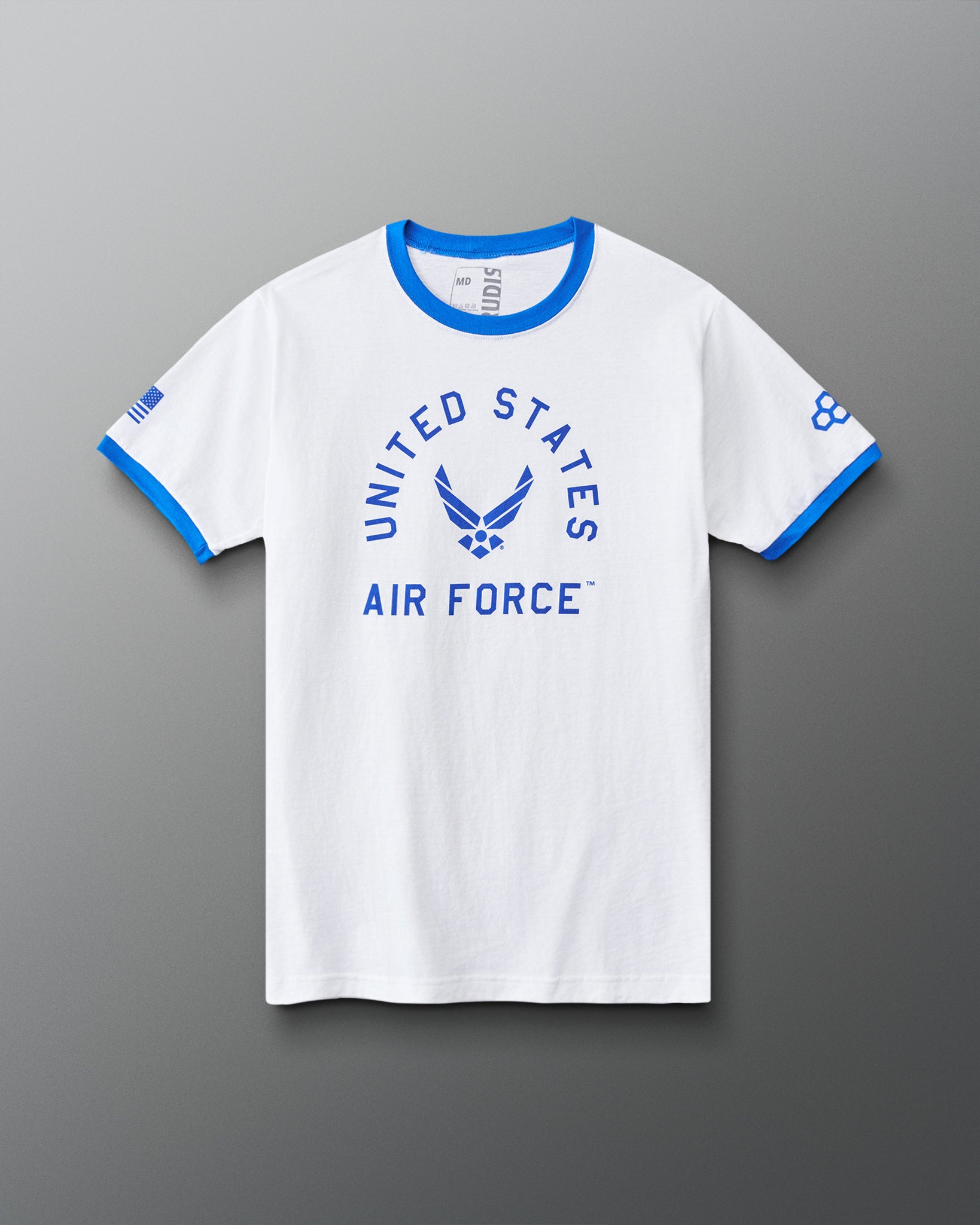 RUDIS U.S. Air Force Emblem Ringer T-Shirt in White/Royal, front view featuring blue United States Air Force lettering, winged emblem, royal blue collar and sleeve trim.
