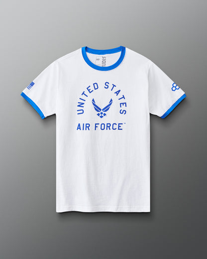 RUDIS U.S. Air Force Emblem Ringer T-Shirt in White/Royal, front view featuring blue United States Air Force lettering, winged emblem, royal blue collar and sleeve trim.