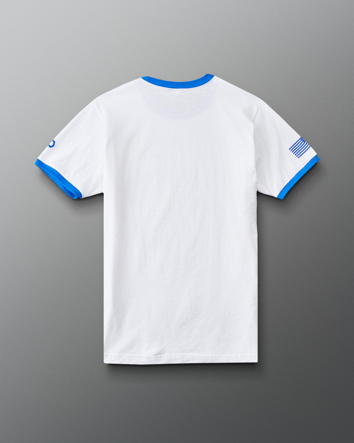 RUDIS U.S. Air Force Emblem Ringer T-Shirt in White/Royal, back view showing a solid white design, royal blue collar and sleeve trim, and blue American flag sleeve graphic.