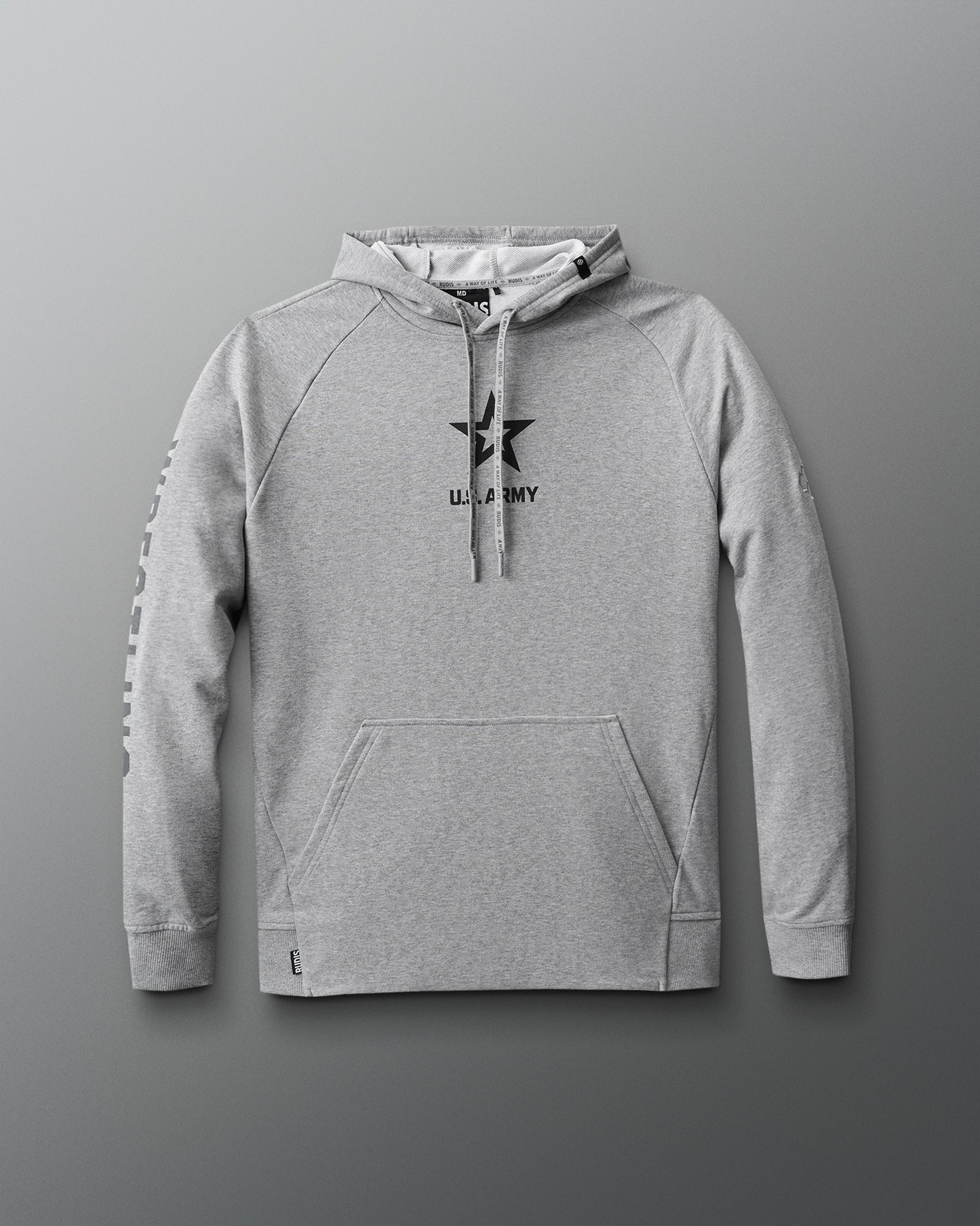 Front view of a heather gray hoodie featuring a black U.S. Army star logo and text centered on the chest, with ‘WRESTLING’ printed vertically down the right sleeve and RUDIS branding on the drawstrings and hem.