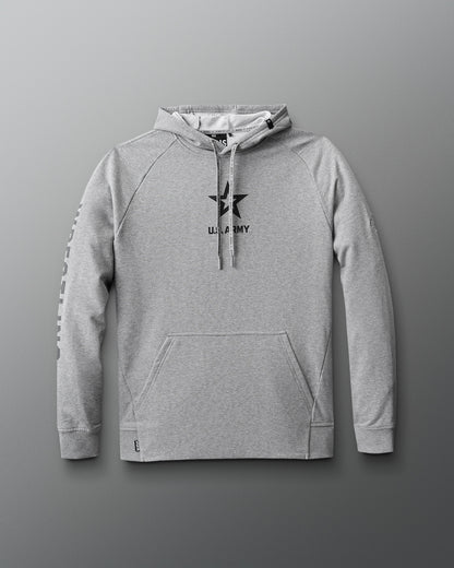 Front view of a heather gray hoodie featuring a black U.S. Army star logo and text centered on the chest, with ‘WRESTLING’ printed vertically down the right sleeve and RUDIS branding on the drawstrings and hem.