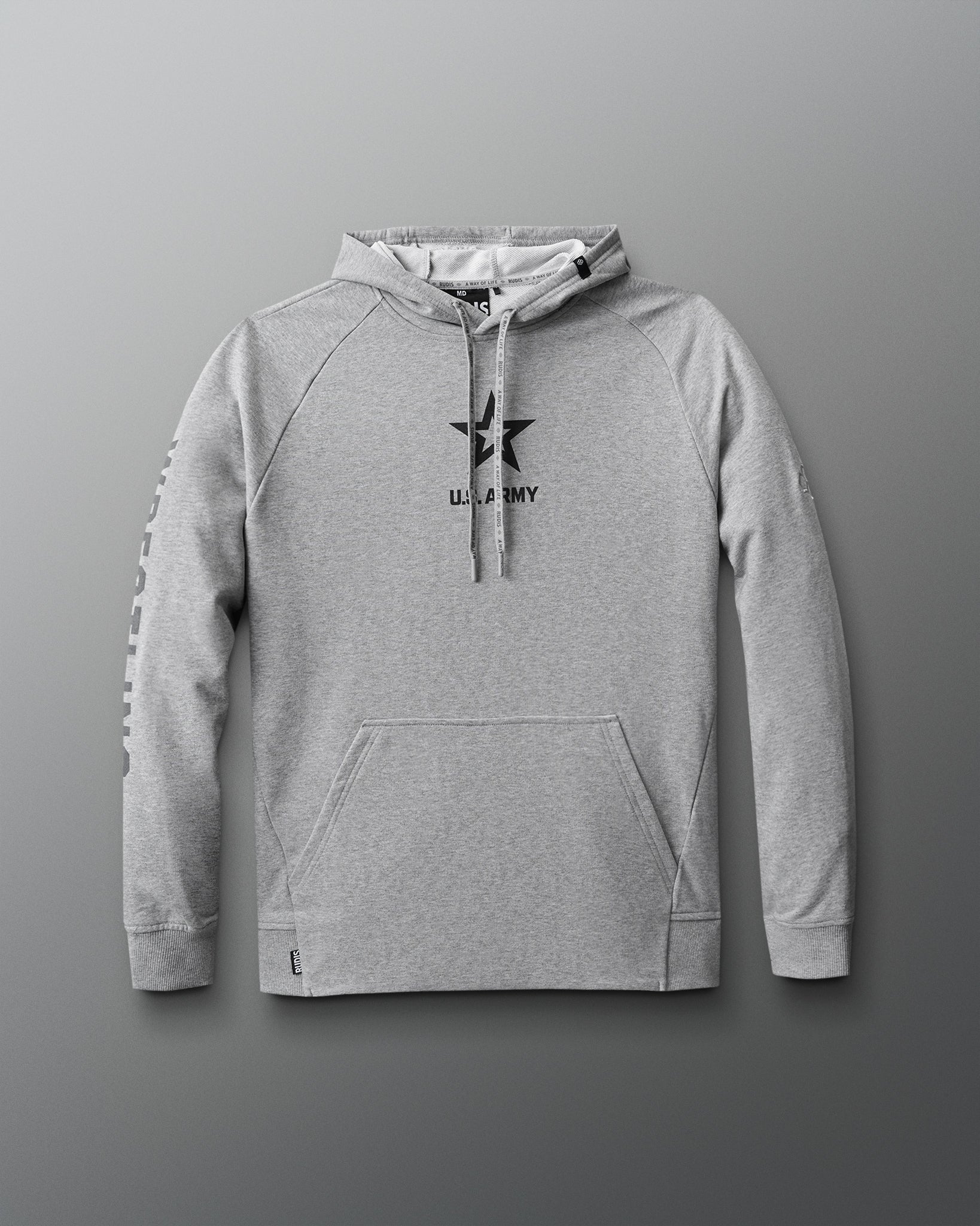 Front view of a heather gray hoodie featuring a black U.S. Army star logo and text centered on the chest, with ‘WRESTLING’ printed vertically down the right sleeve and RUDIS branding on the drawstrings and hem.