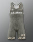 Gray wrestling singlet with U.S. Army text and camouflage patterns on a gray background