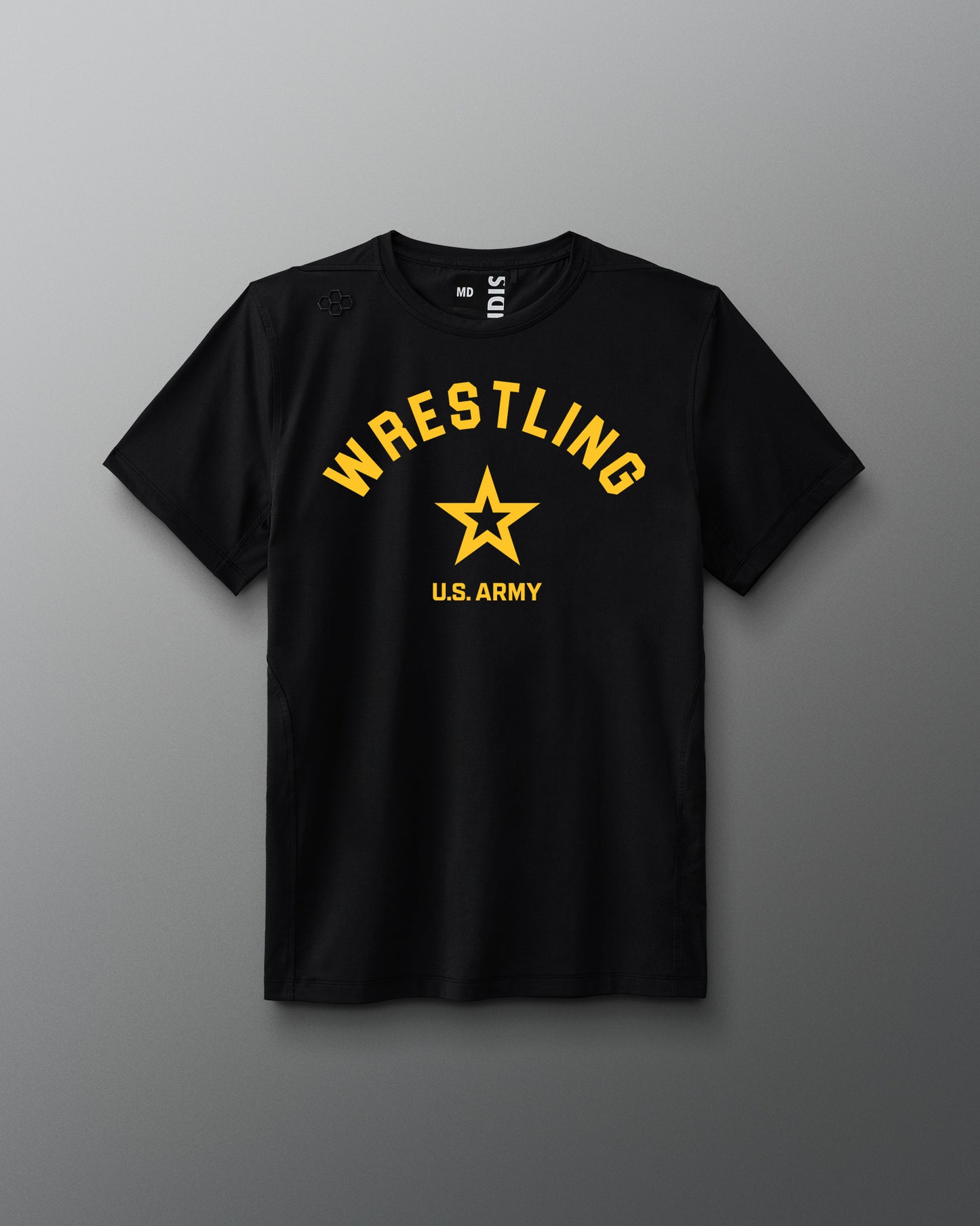 Front view of a black RUDIS T-shirt featuring bold yellow text reading ‘WRESTLING’ above a gold U.S. Army star logo and the words ‘U.S. ARMY’ beneath it.