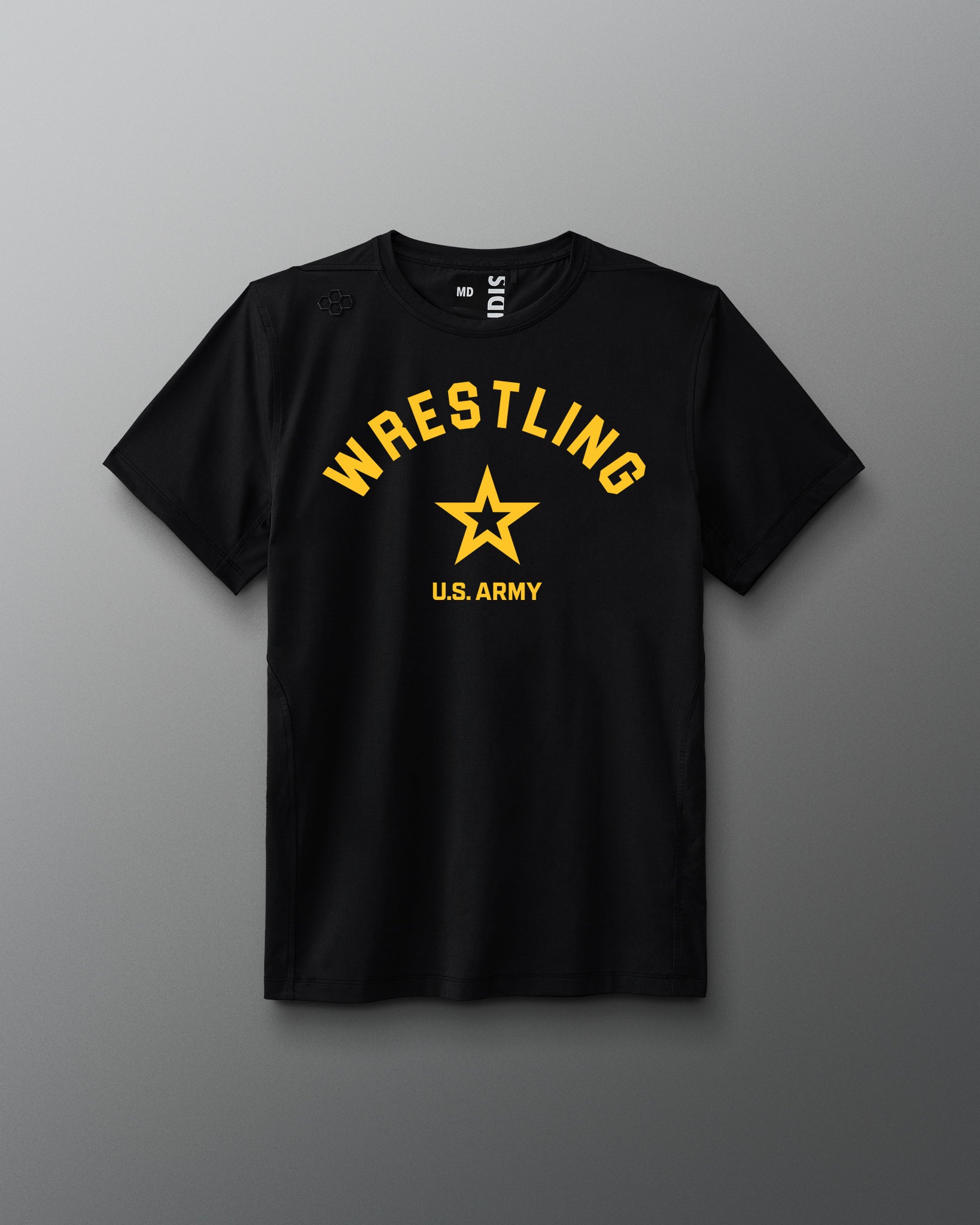 Front view of a black RUDIS T-shirt featuring bold yellow text reading ‘WRESTLING’ above a gold U.S. Army star logo and the words ‘U.S. ARMY’ beneath it.