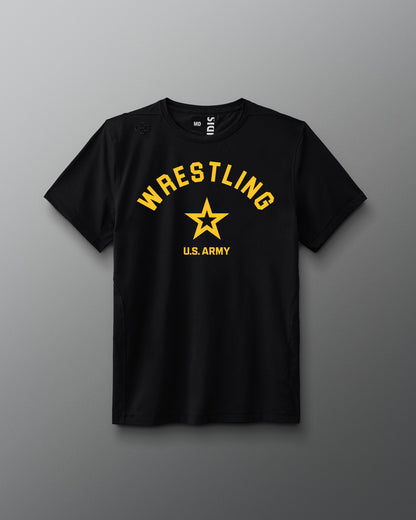 Front view of a black RUDIS T-shirt featuring bold yellow text reading ‘WRESTLING’ above a gold U.S. Army star logo and the words ‘U.S. ARMY’ beneath it.