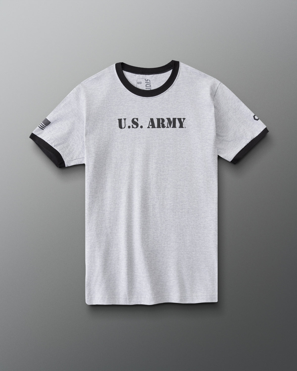 RUDIS U.S. Army Ringer T-Shirt in Athletic Gray/Black, front view featuring black U.S. ARMY chest lettering, contrasting black collar and sleeve trim, and American flag sleeve graphic.