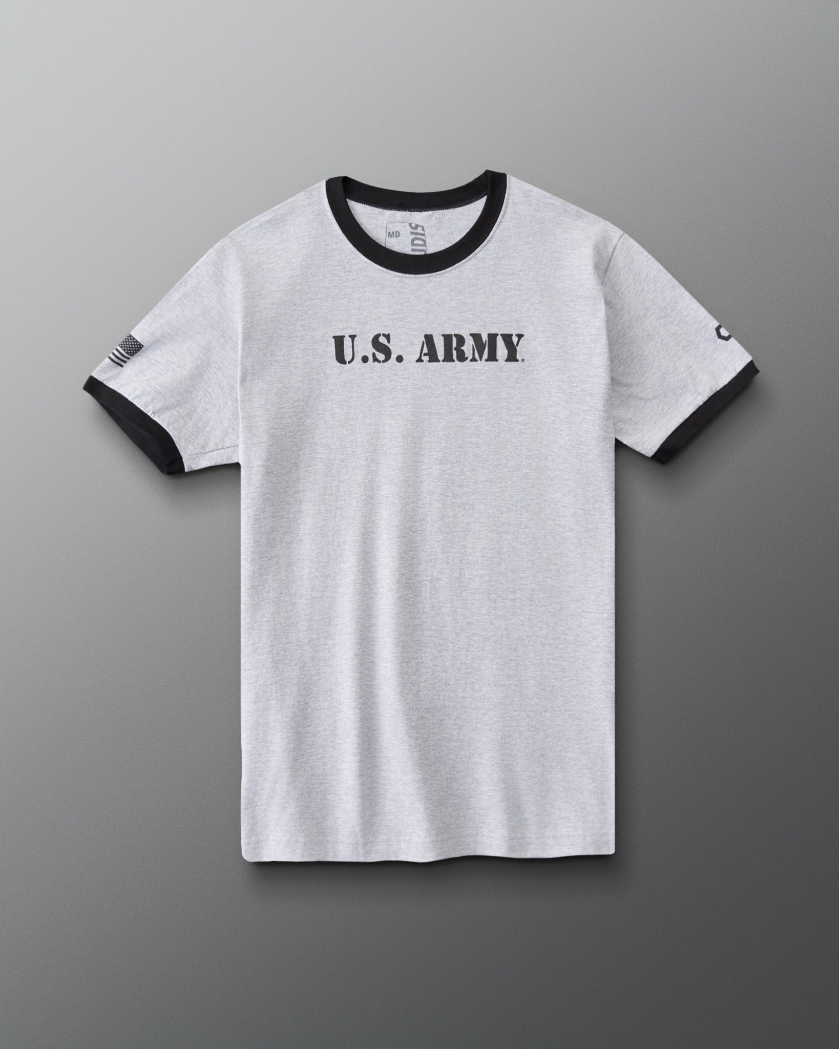RUDIS U.S. Army Ringer T-Shirt in Athletic Gray/Black, front view featuring black U.S. ARMY chest lettering, contrasting black collar and sleeve trim, and American flag sleeve graphic.