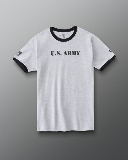 RUDIS U.S. Army Ringer T-Shirt in Athletic Gray/Black, front view featuring black U.S. ARMY chest lettering, contrasting black collar and sleeve trim, and American flag sleeve graphic.